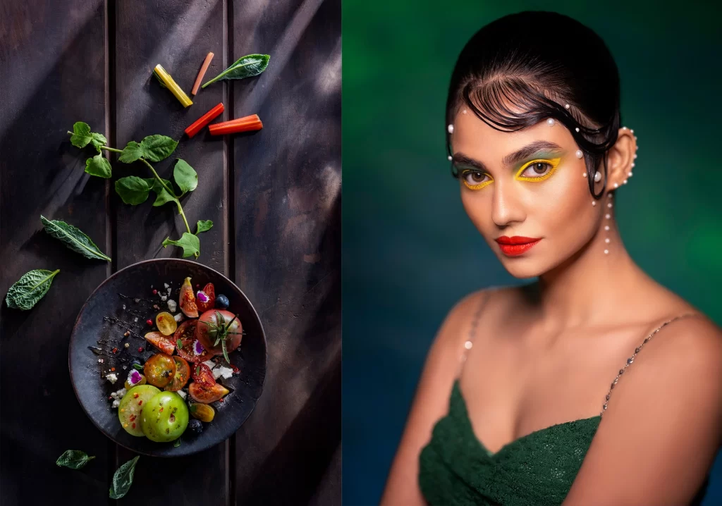 Creative photography education at Shari Academy Mumbai featuring a styled food photography setup with fresh vegetables and a vibrant beauty portrait of a model with bold makeup.
