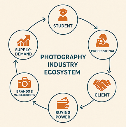 Circular diagram showing the photography industry ecosystem with interconnected stages: Student, Professional, Client, Buying Power, Brands & Manufacturers, and Supply-Demand.