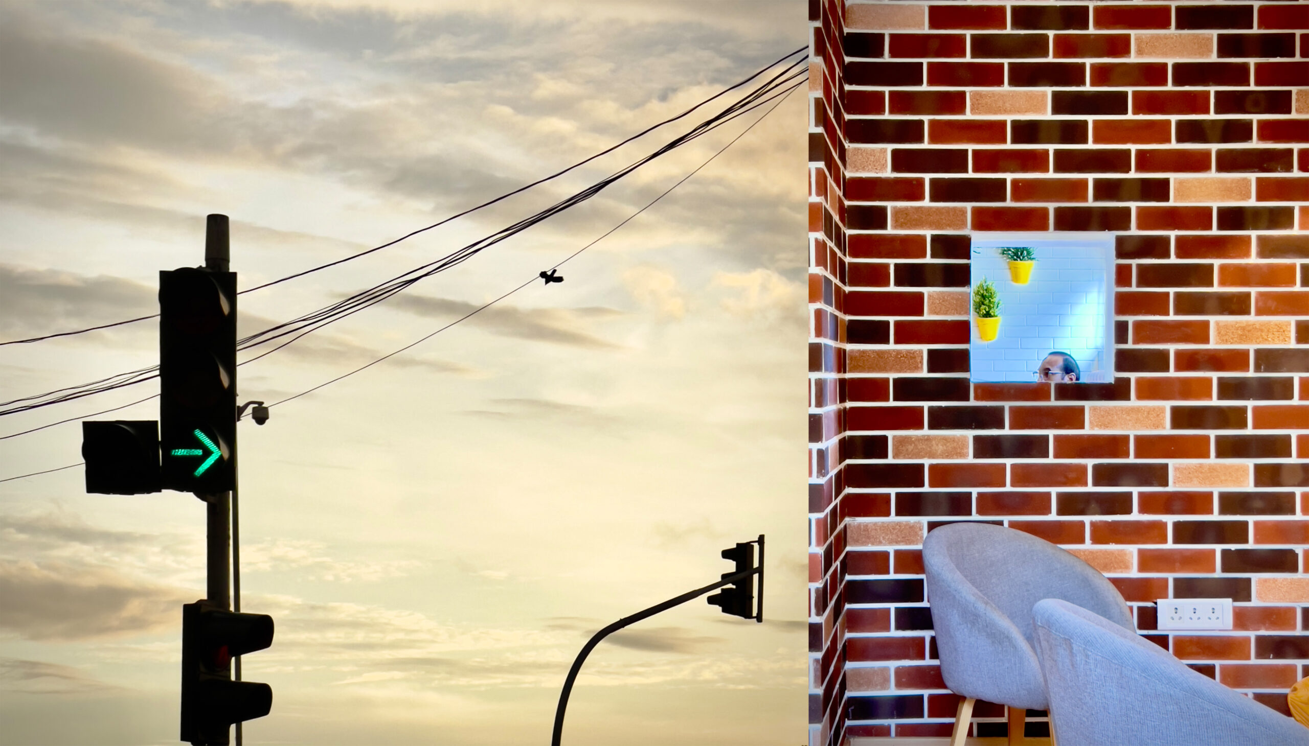 Photography collage showing a traffic signal against an evening sky beside a brick wall with a small window, chair, plants, and partial human presence.